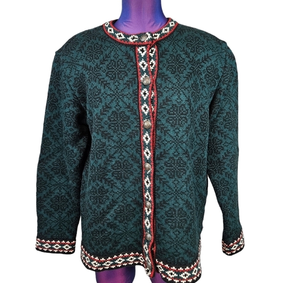 Vintage L.L.‎ Bean Green Keltic Nordic Button Front Cardigan Sweater Size Medium - Picture 1 of 10